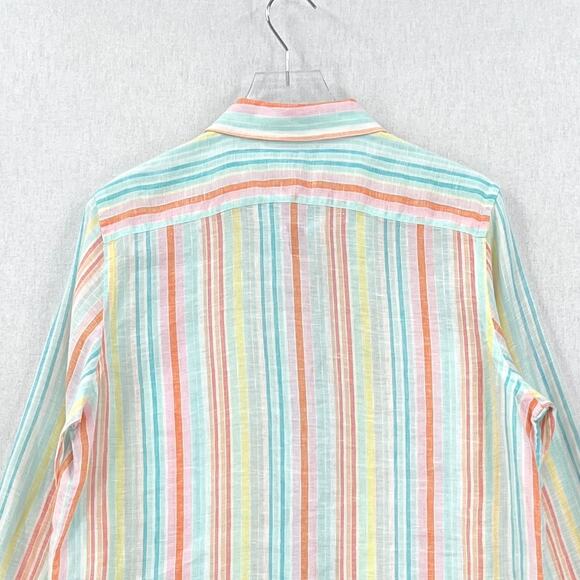 FACONNABLE Linen Button up Shirt Womens XL White Aqua Orange Striped Long Sleeve - Picture 5 of 12